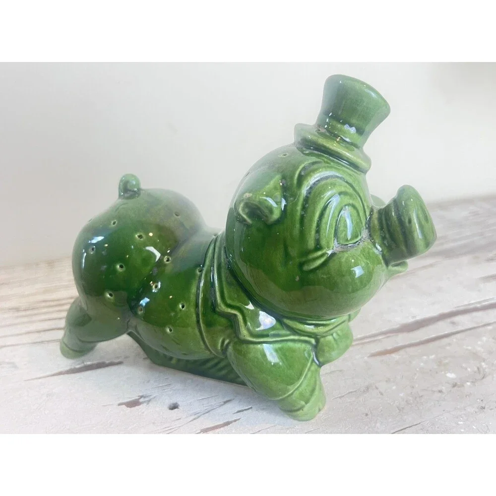 Vintage Rare MCM Green Glazed Piggy Toothpick Appetizer Stick Pin Holder Figure